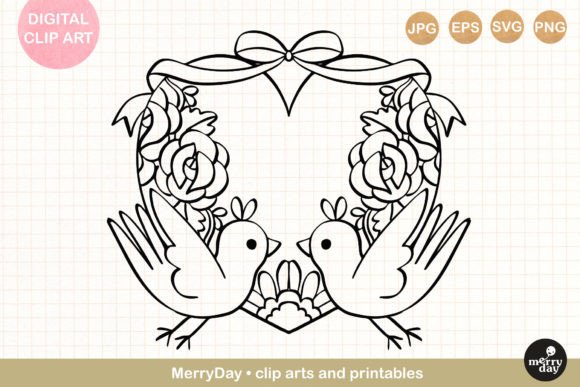 Birds with Decorative Heart Line Art